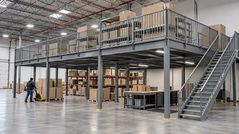 Steel mezzanine platform with guarded edges built above a warehouse floor, with a stair run descending to the slab