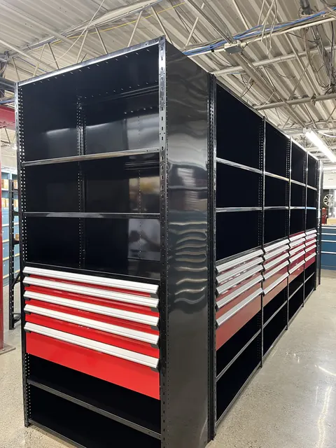 Steel shelving units with built-in modular drawers