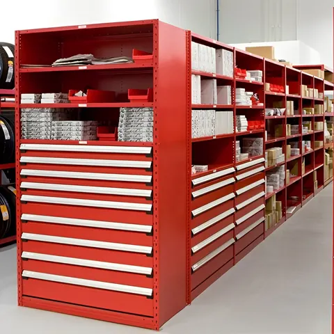 Automotive parts room with shelving