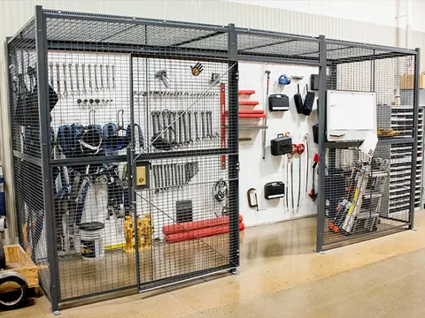 Wire tool crib with service window