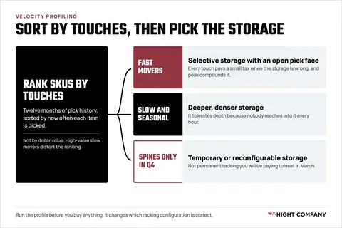 Flow diagram: rank SKUs by touches from twelve months of pick history, then put fast movers in selective storage with an open pick face, slow and seasonal items in deeper, denser storage, and Q4-only spikes in temporary or reconfigurable storage.